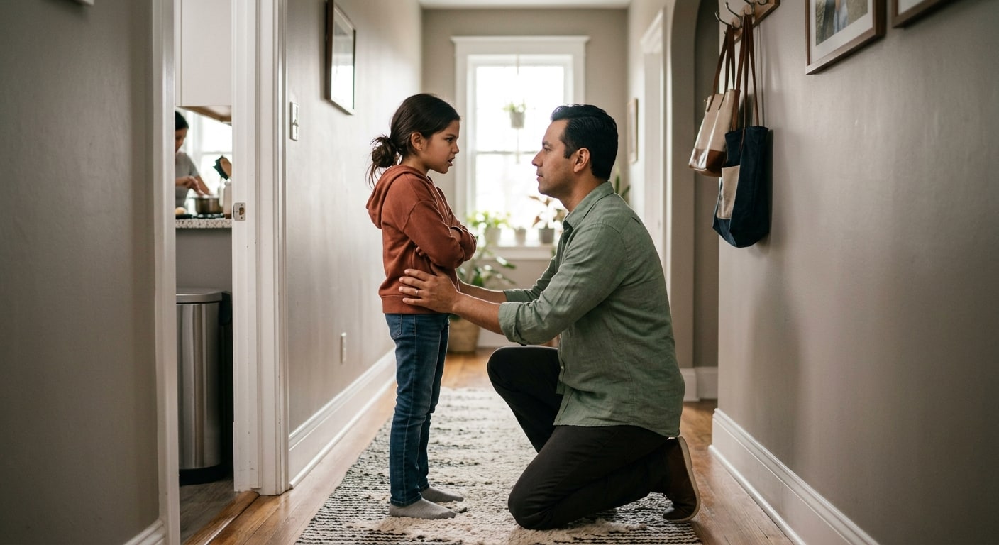 A parent kneeling to meet their child at eye level in a hallway; the child's arms are crossed