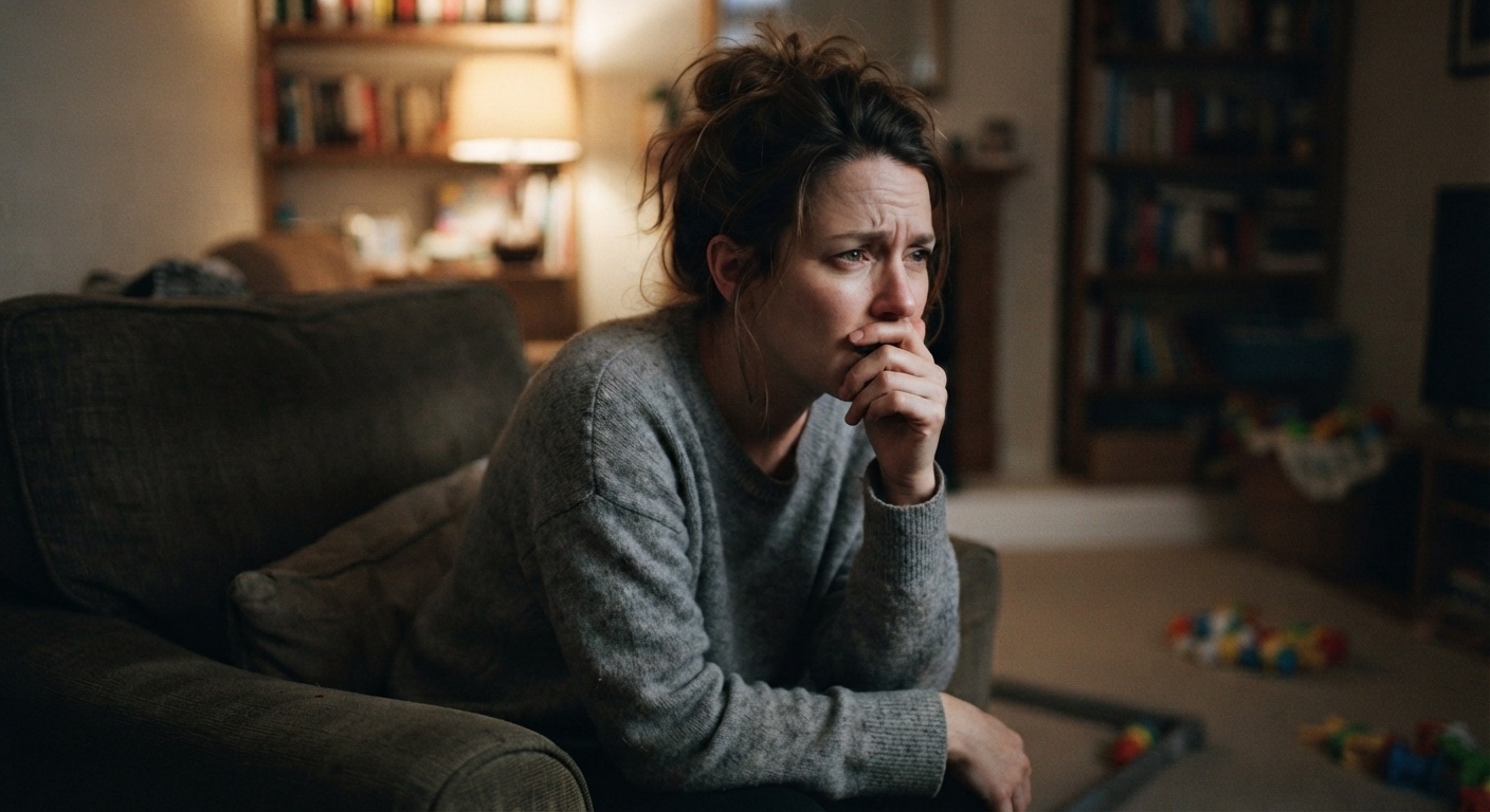 A parent sitting alone on the arm of a sofa in a dimly lit living room, hand over her mouth, children's toys scattered across the floor behind her