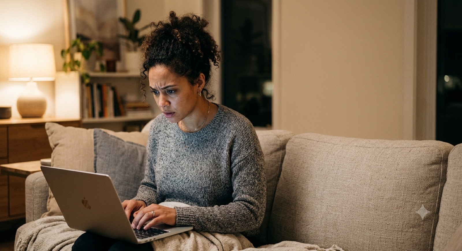 A parent sitting on a couch at night, brow furrowed, searching for answers on a laptop