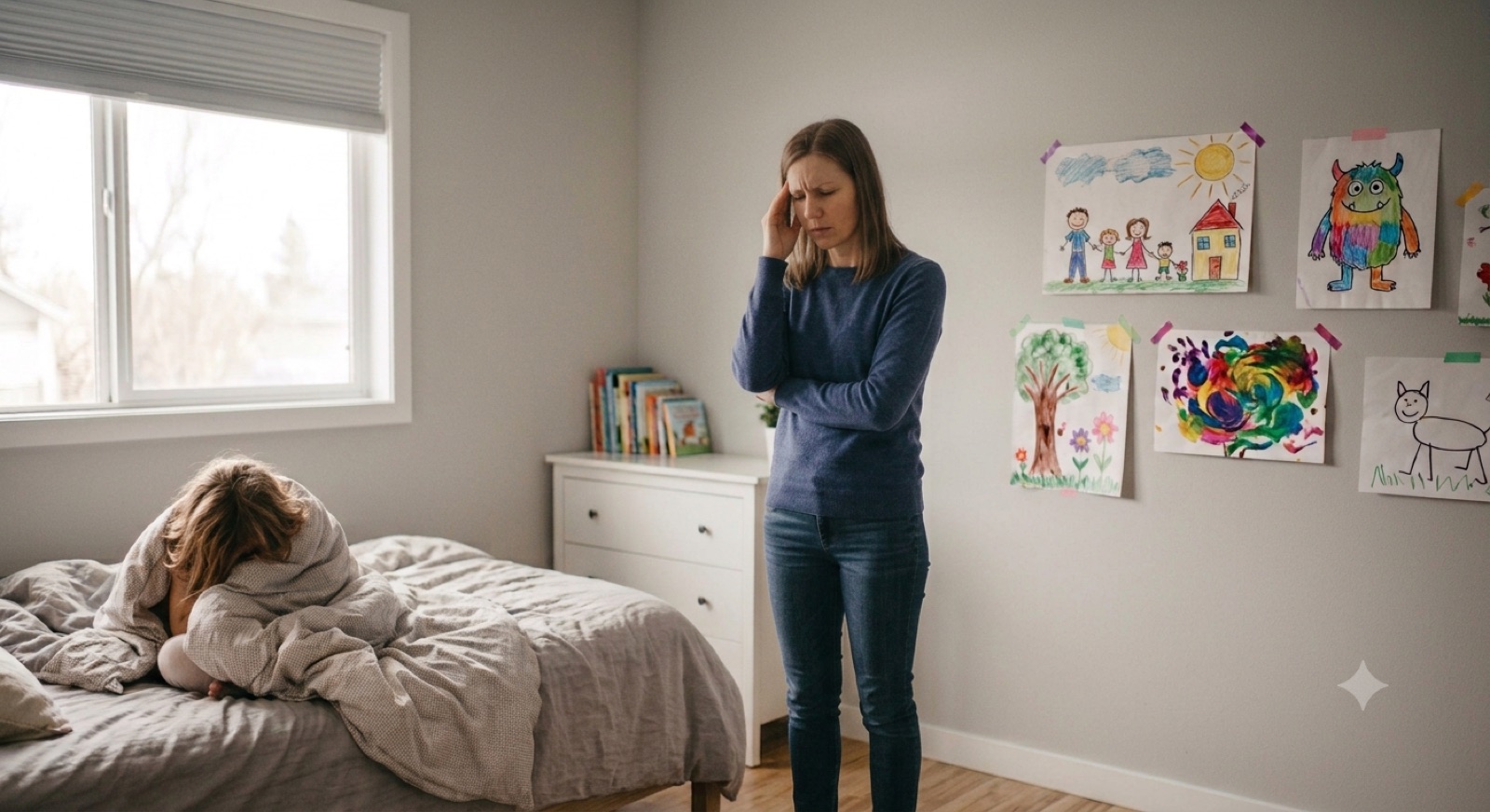 A parent standing in a child's bedroom, hand to head, while the child hides under the blankets