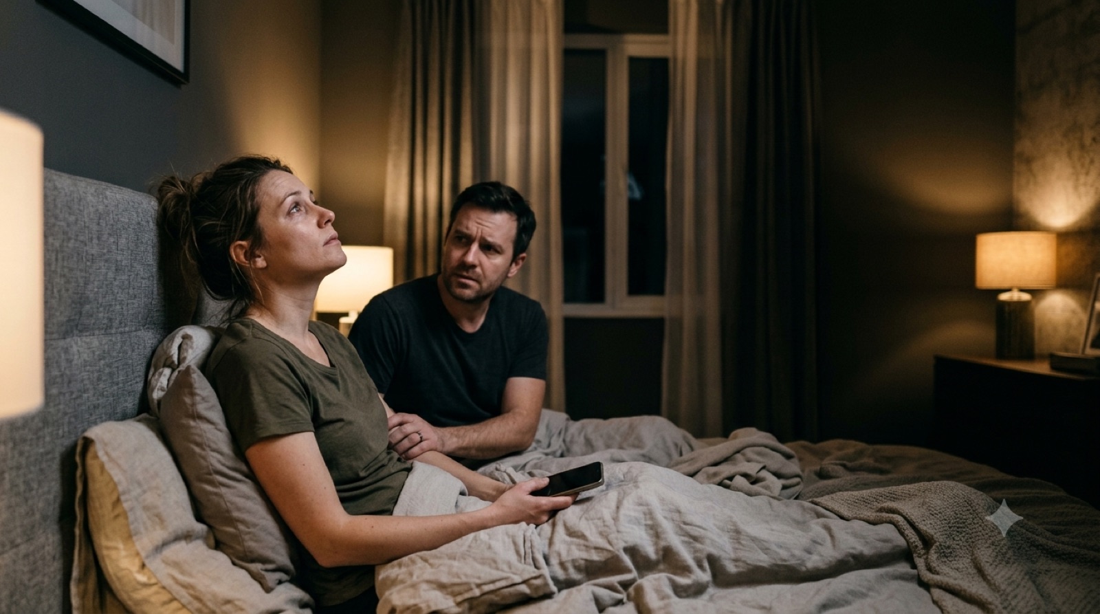 A parent sitting up in bed at night, looking exhausted and lost in thought, while their partner watches with concern