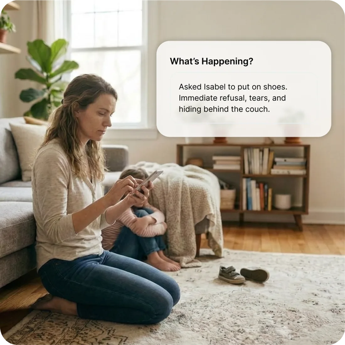 A parent captures a hard moment on her phone while her child hides behind a chair — the NeuraParent app shows a 'What's Happening?' card summarizing the check-in.