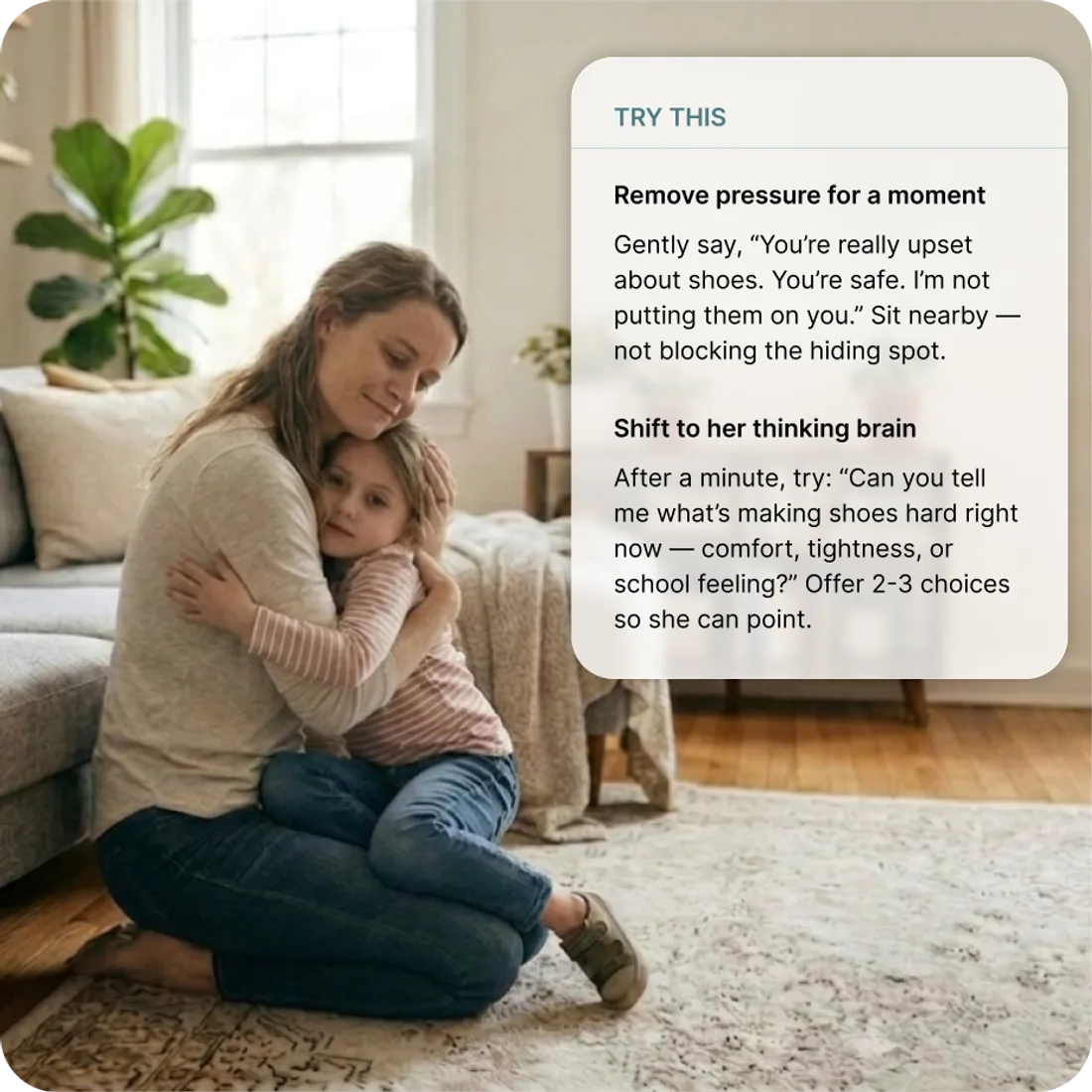 The parent reads a NeuraParent response that opens with 'That sounds really hard' and explains the pattern behind her child's shoe refusal.