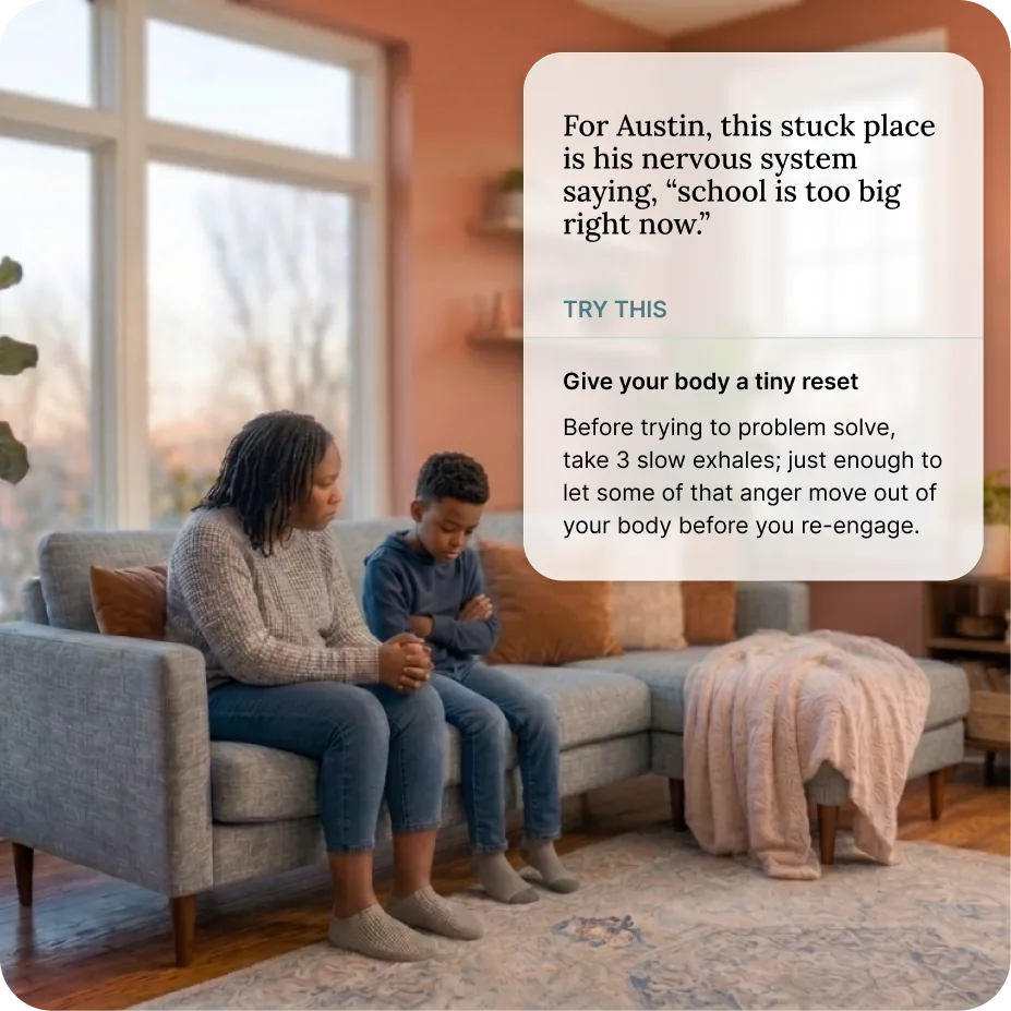 A parent sits close to her child during a hard moment; the NeuraParent app on her phone shows a specific strategy to try.